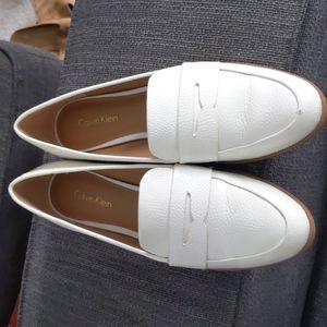 Calvin Klein White Pebbled Leather Penny Loafers